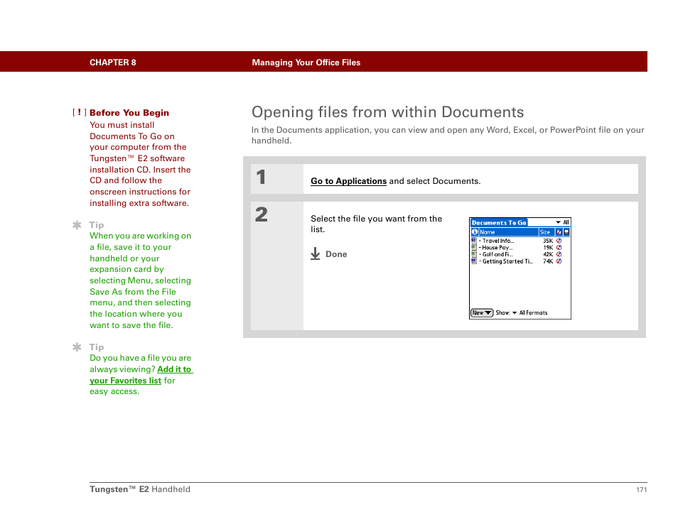 Opening files from within documents | Palm E2 User Manual | Page 192 / 653