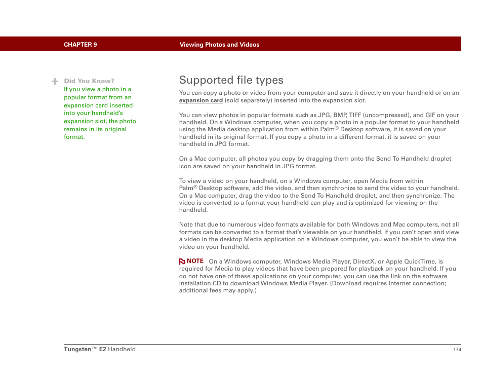 Supported file types | Palm E2 User Manual | Page 195 / 653