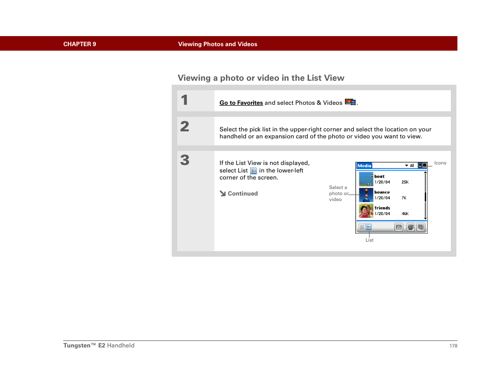 Viewing a photo or video in the list view | Palm E2 User Manual | Page 199 / 653