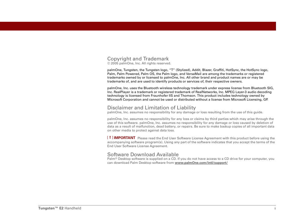 Copyright and trademark, Disclaimer and limitation of liability, Software download available | Palm E2 User Manual | Page 2 / 653