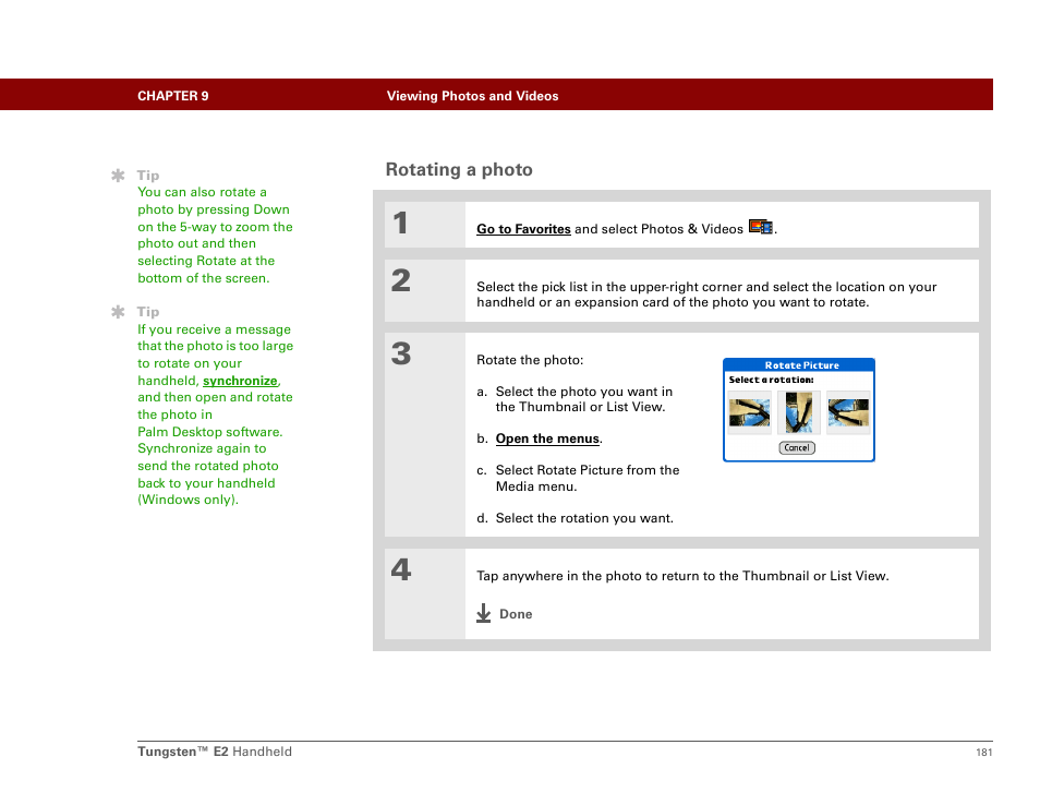 Rotating a photo | Palm E2 User Manual | Page 202 / 653