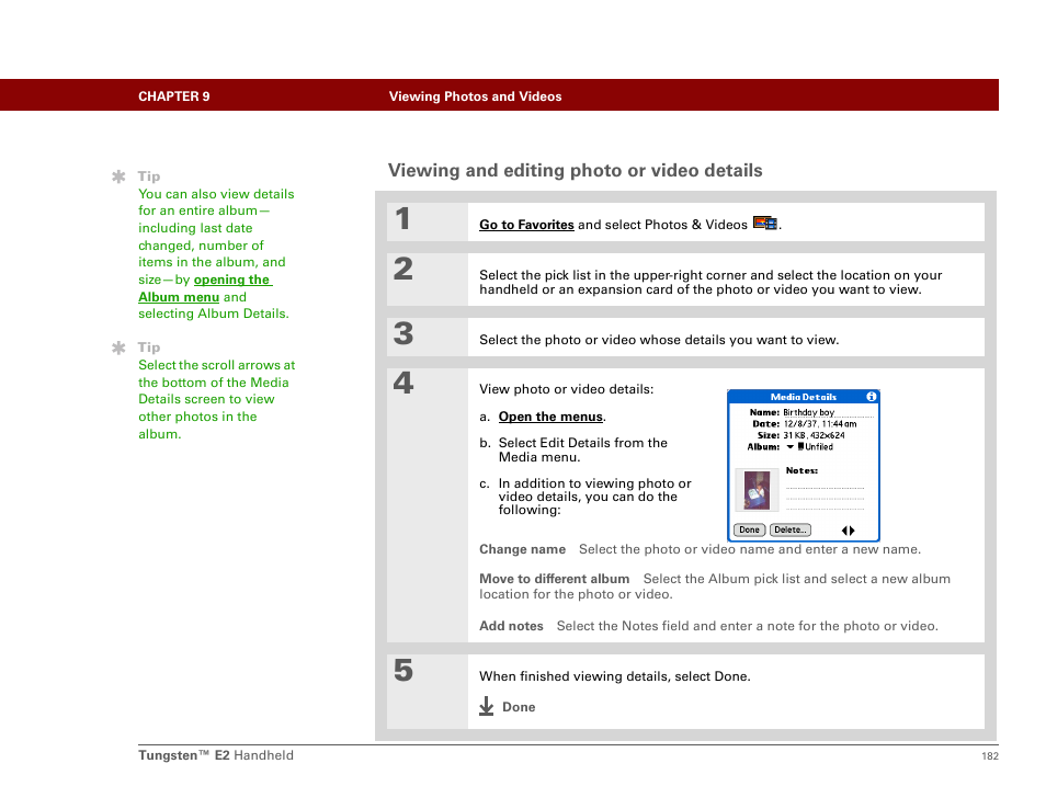 Viewing and editing photo or video details | Palm E2 User Manual | Page 203 / 653