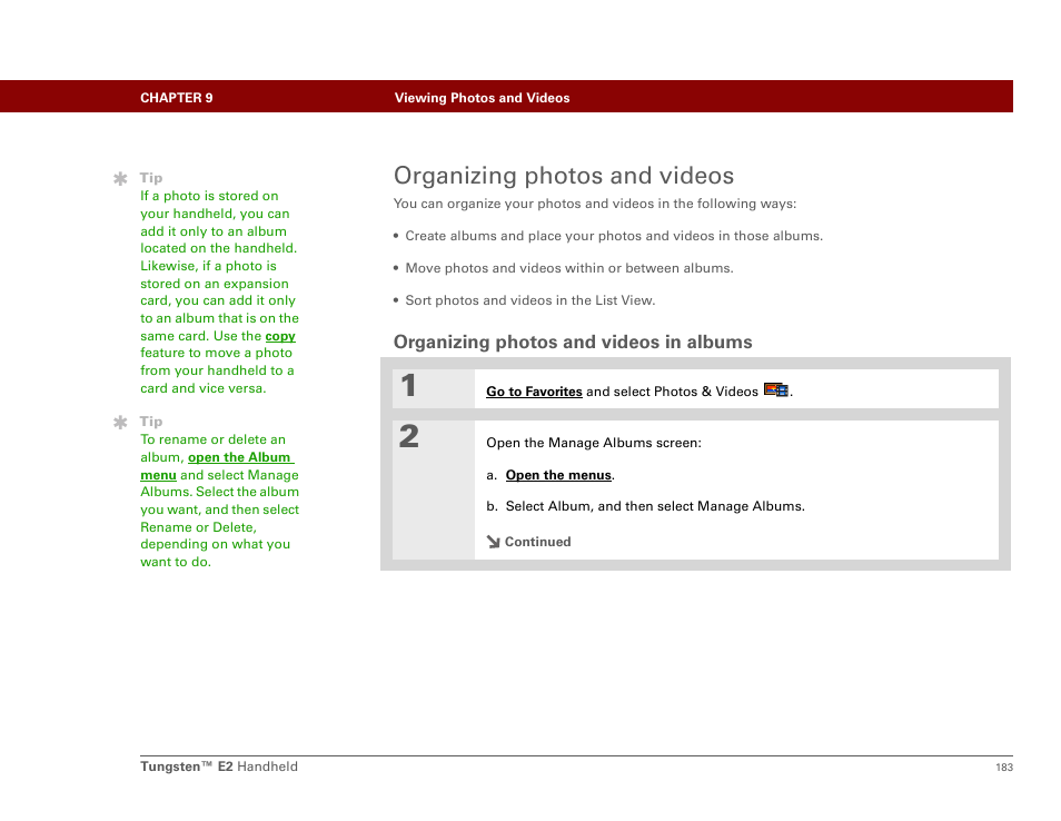 Organizing photos and videos, Organizing photos and videos in albums | Palm E2 User Manual | Page 204 / 653