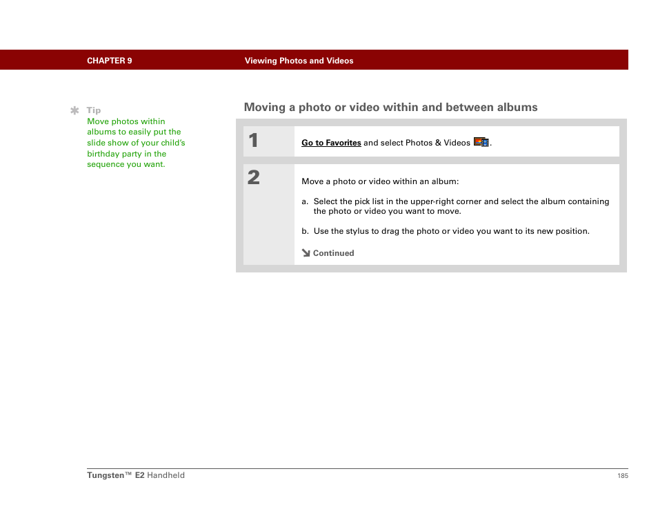 Moving a photo or video within and between albums | Palm E2 User Manual | Page 206 / 653