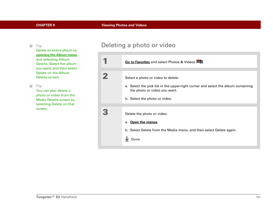 Deleting a photo or video | Palm E2 User Manual | Page 212 / 653