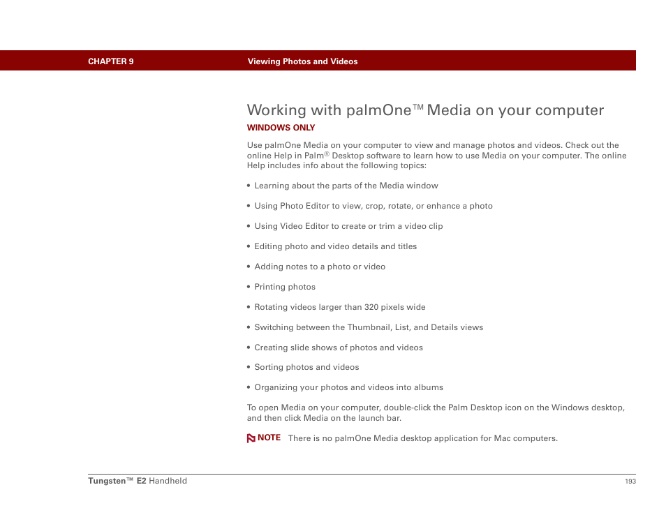 Working with palmone™media on your computer | Palm E2 User Manual | Page 214 / 653