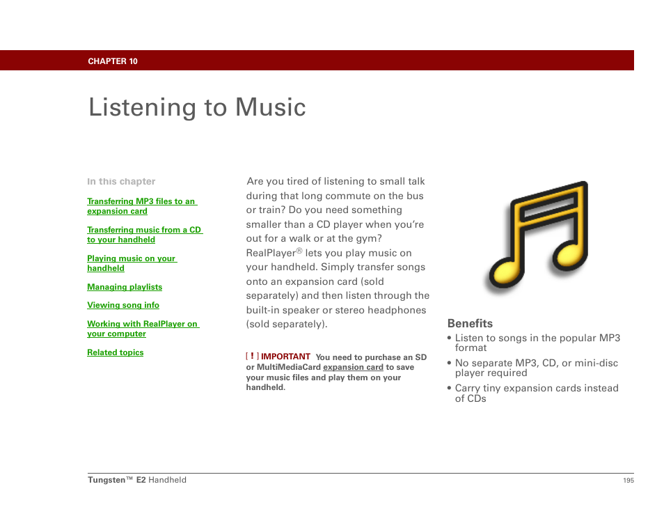 Listening to music, Chapter 10: listening to music, Music or | Palm E2 User Manual | Page 216 / 653