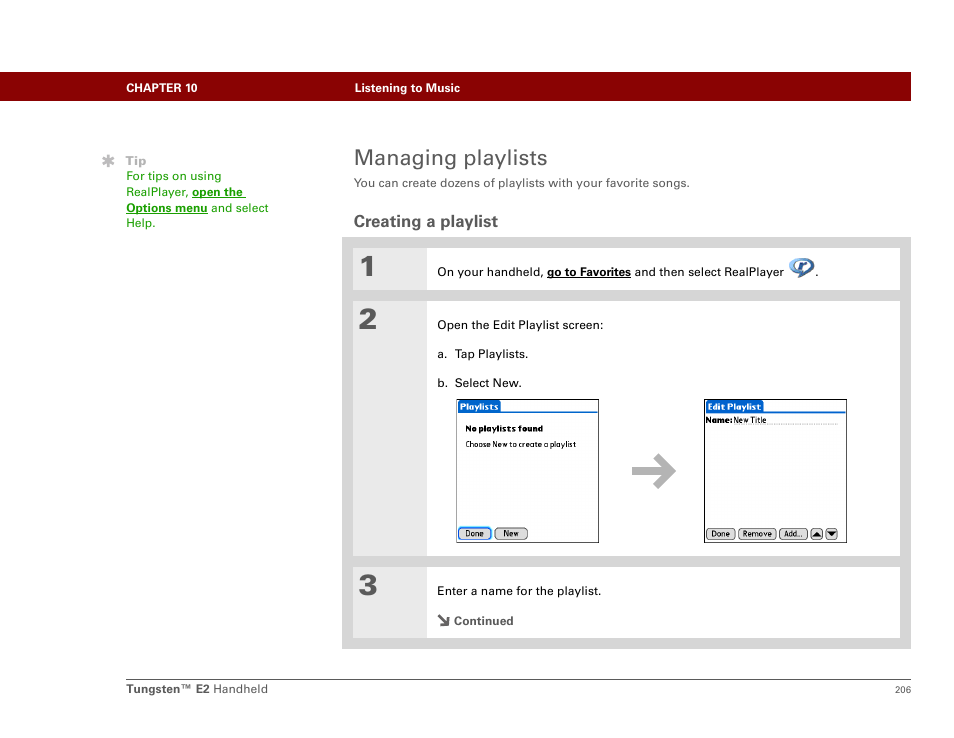Managing playlists, Creating a playlist | Palm E2 User Manual | Page 227 / 653