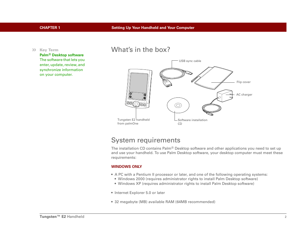 What’s in the box, System requirements, What’s in the box? system requirements | Palm E2 User Manual | Page 23 / 653