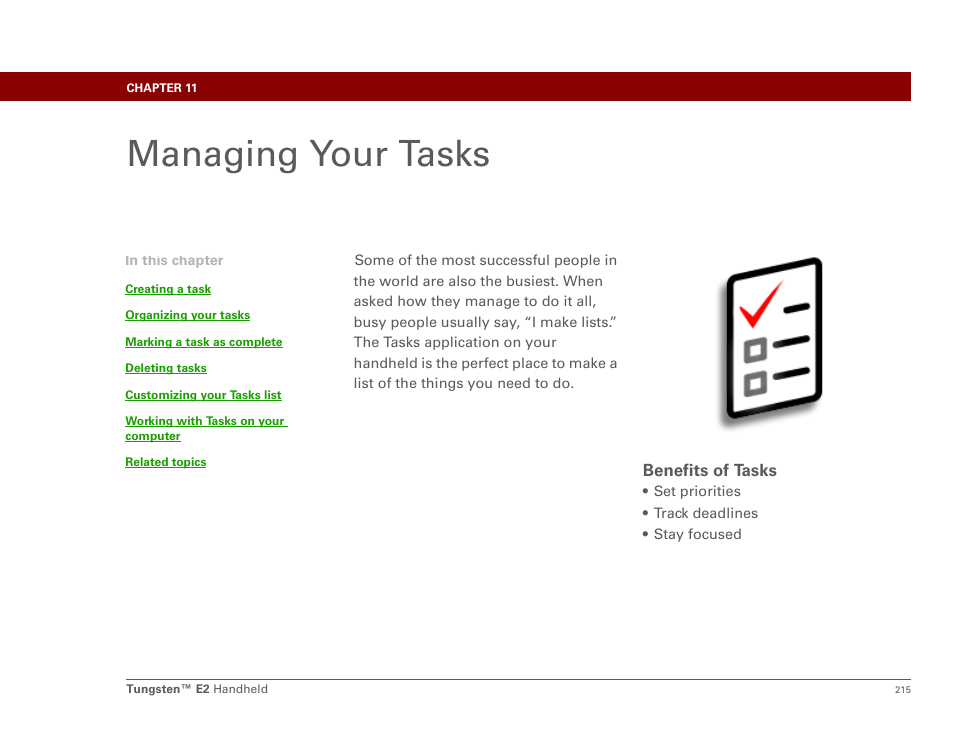 Managing your tasks, Chapter 11: managing your tasks | Palm E2 User Manual | Page 236 / 653