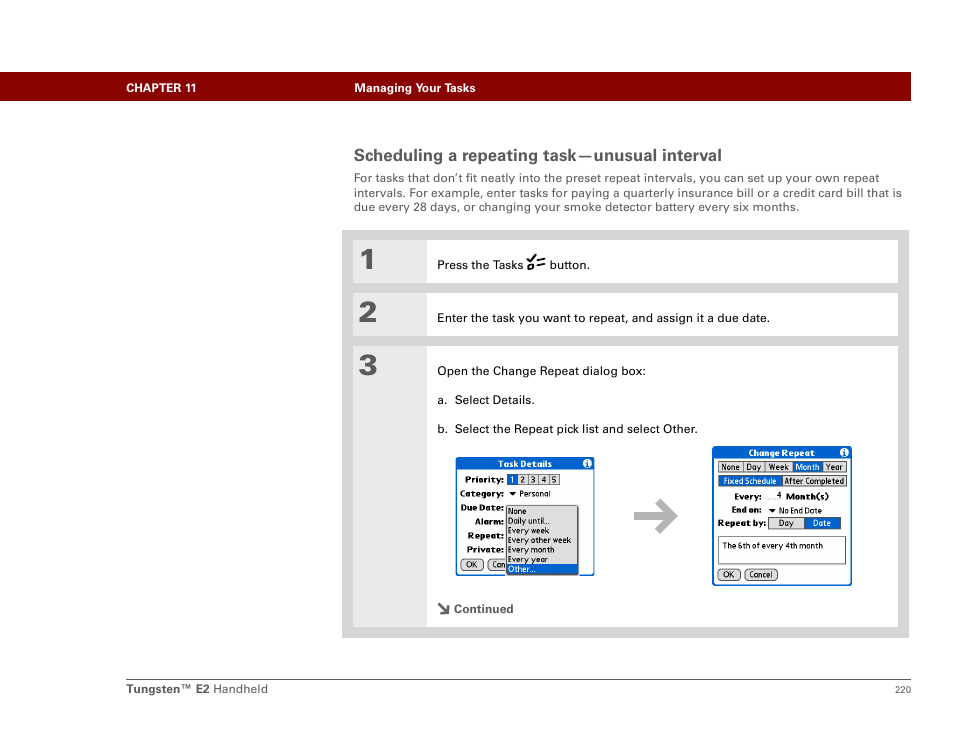 Scheduling a repeating task-unusual interval, Scheduling a repeating task—unusual interval | Palm E2 User Manual | Page 241 / 653