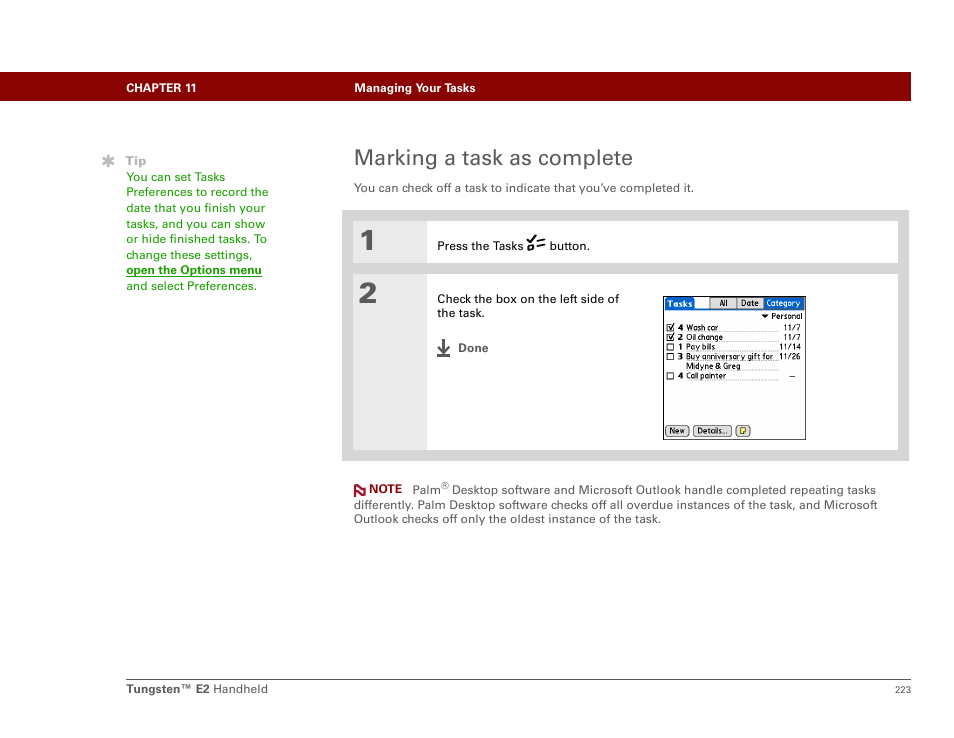 Marking a task as complete | Palm E2 User Manual | Page 244 / 653