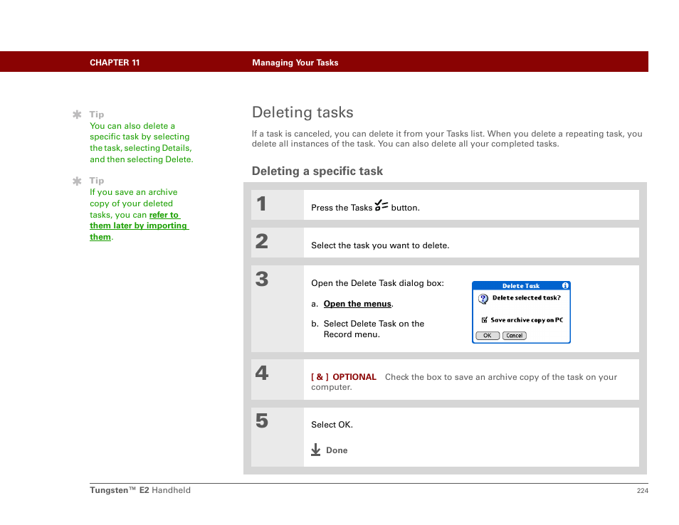 Deleting tasks, Deleting a specific task | Palm E2 User Manual | Page 245 / 653