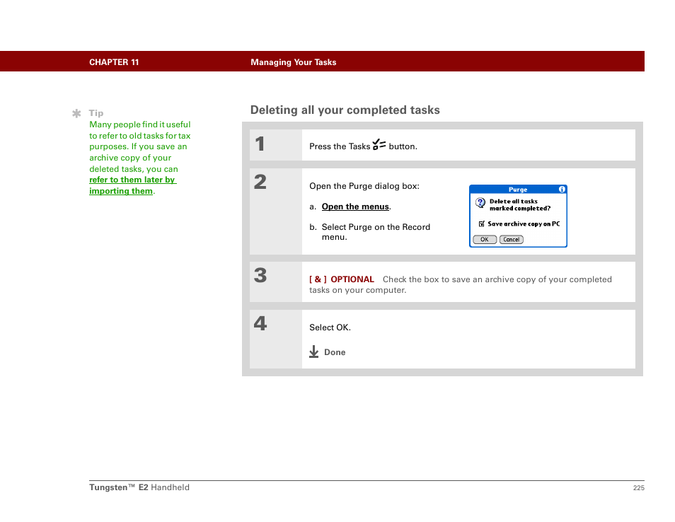 Deleting all your completed tasks | Palm E2 User Manual | Page 246 / 653