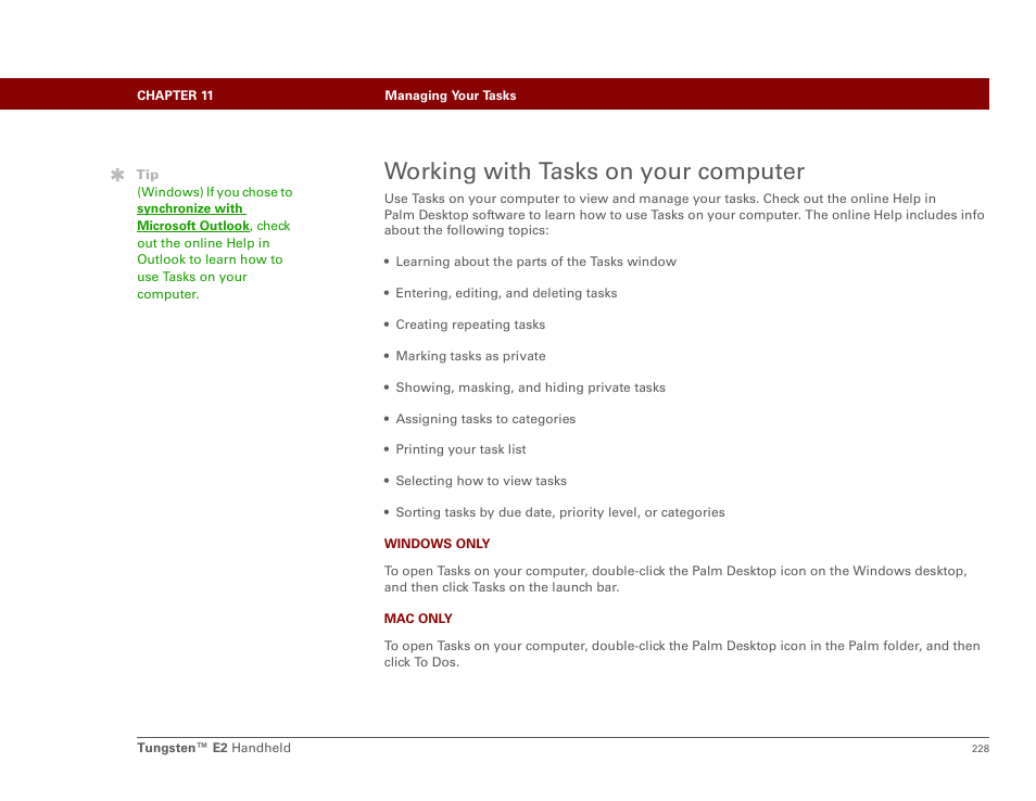 Working with tasks on your computer | Palm E2 User Manual | Page 249 / 653