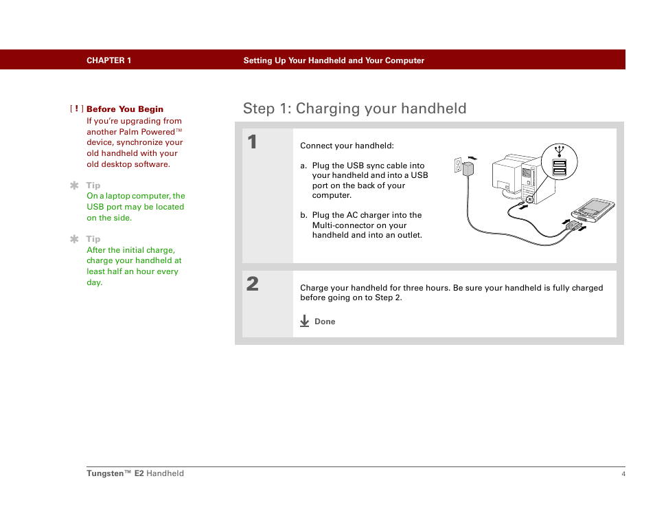 Step 1: charging your handheld | Palm E2 User Manual | Page 25 / 653