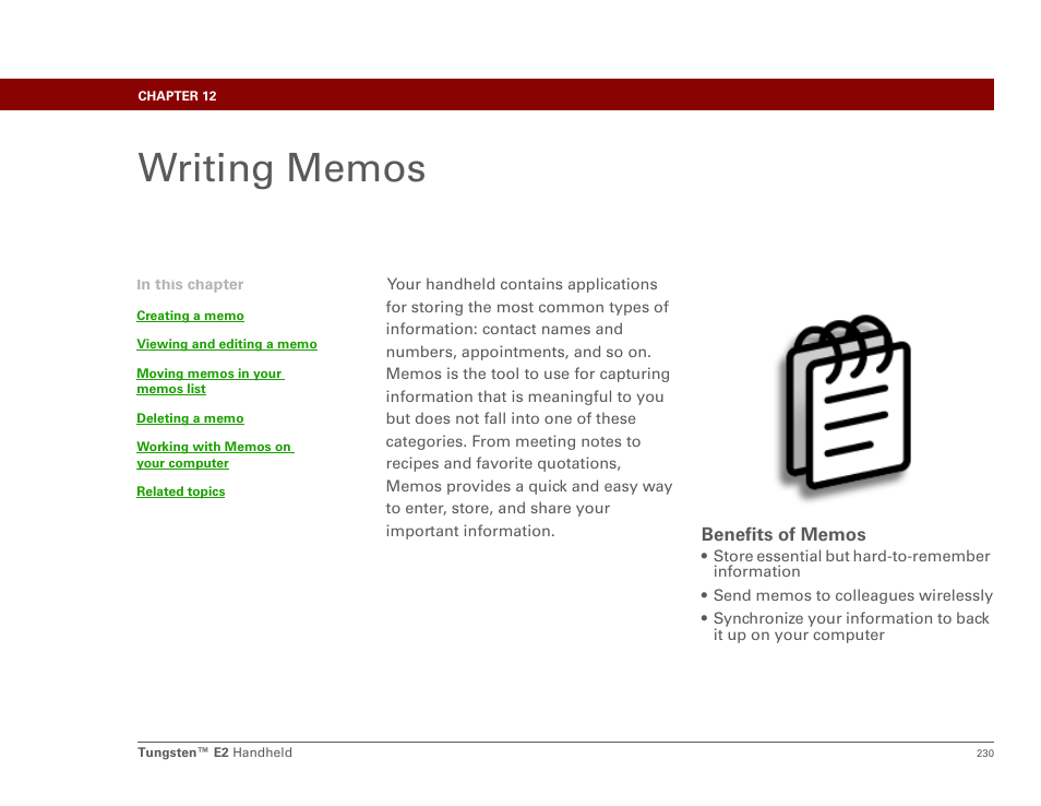 Writing memos, Chapter 12: writing memos | Palm E2 User Manual | Page 251 / 653