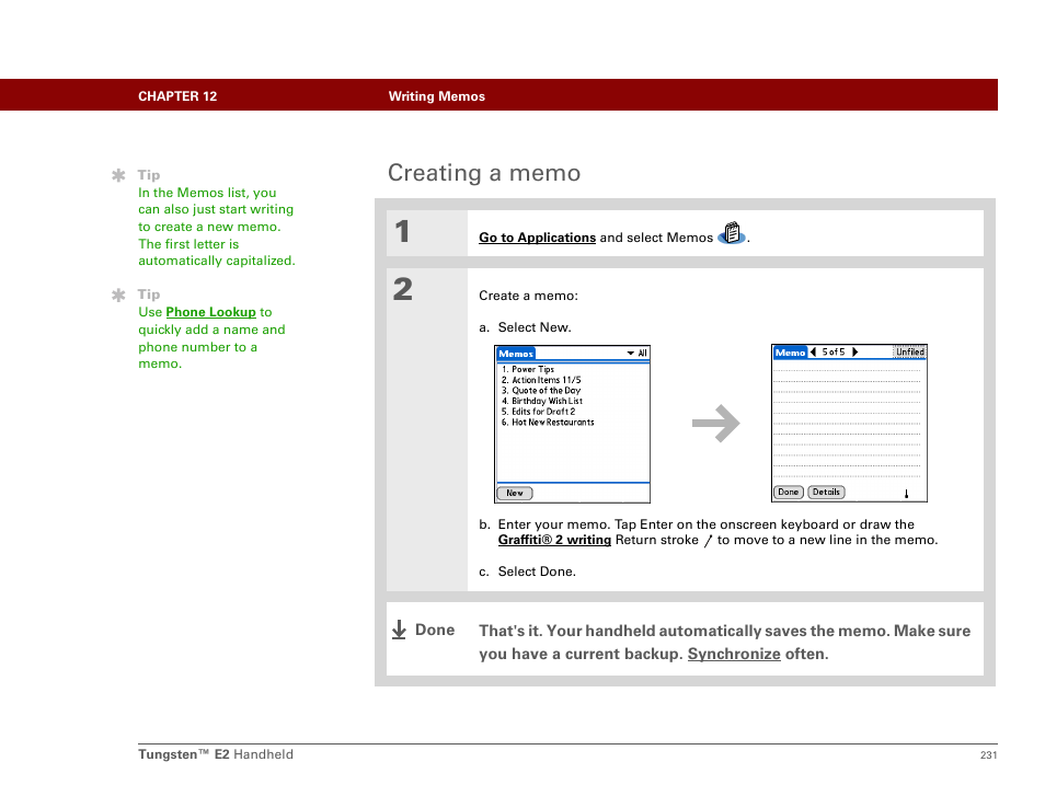 Creating a memo | Palm E2 User Manual | Page 252 / 653