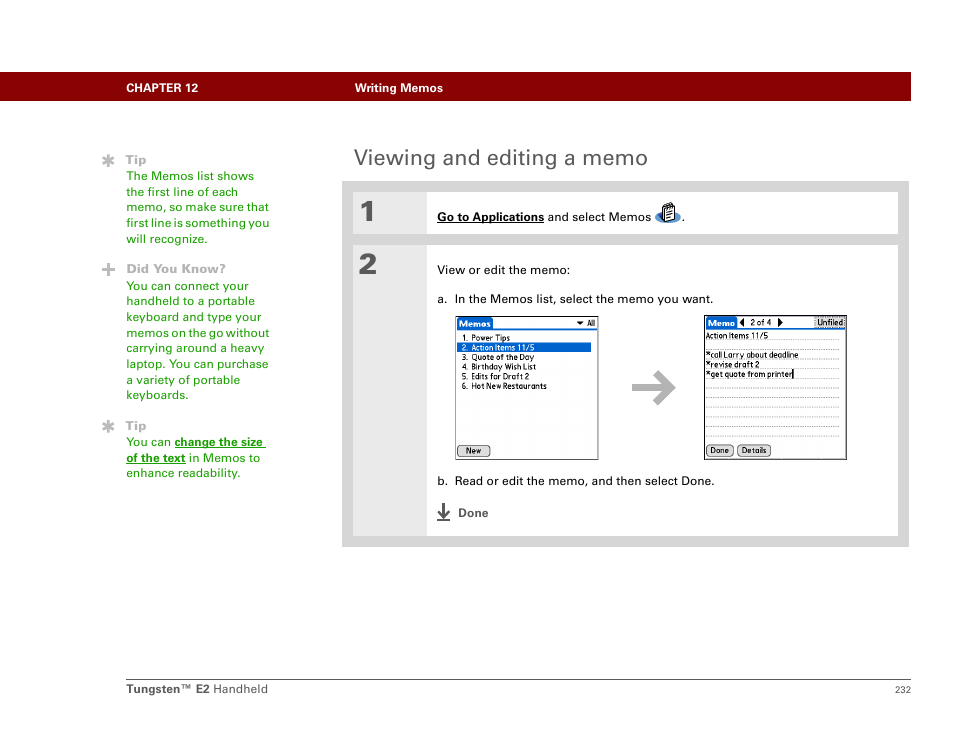 Viewing and editing a memo | Palm E2 User Manual | Page 253 / 653