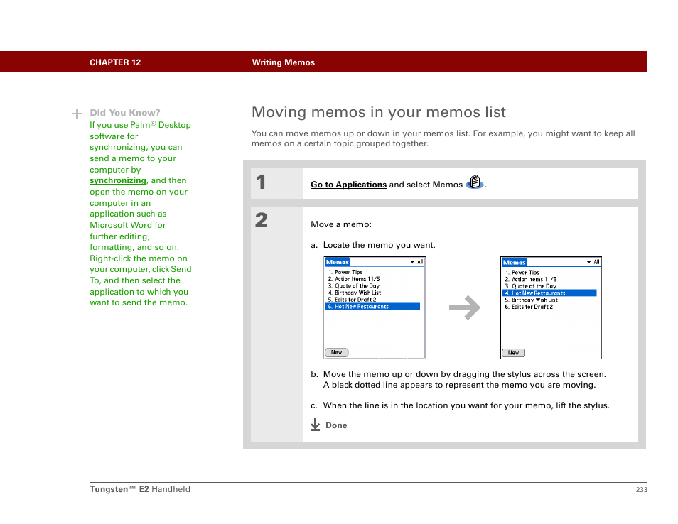 Moving memos in your memos list | Palm E2 User Manual | Page 254 / 653