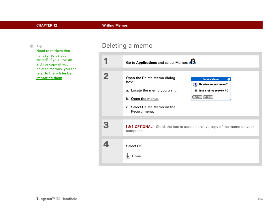 Deleting a memo | Palm E2 User Manual | Page 255 / 653