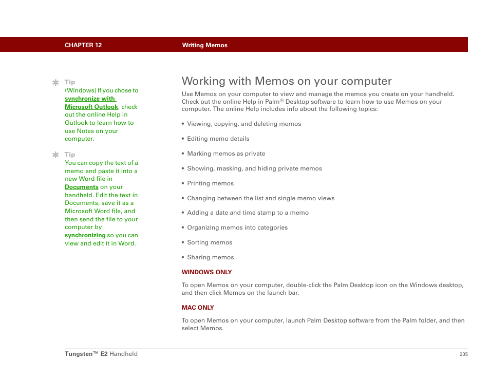 Working with memos on your computer | Palm E2 User Manual | Page 256 / 653