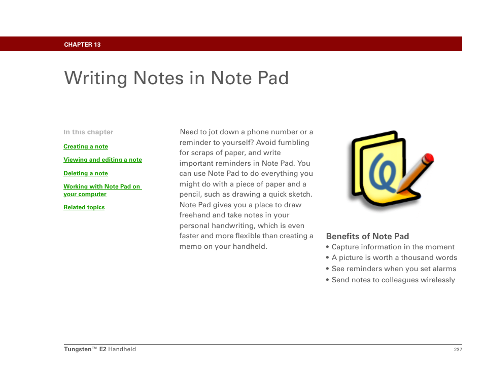 Writing notes in note pad, Chapter 13: writing notes in note pad, Note pad | Palm E2 User Manual | Page 258 / 653