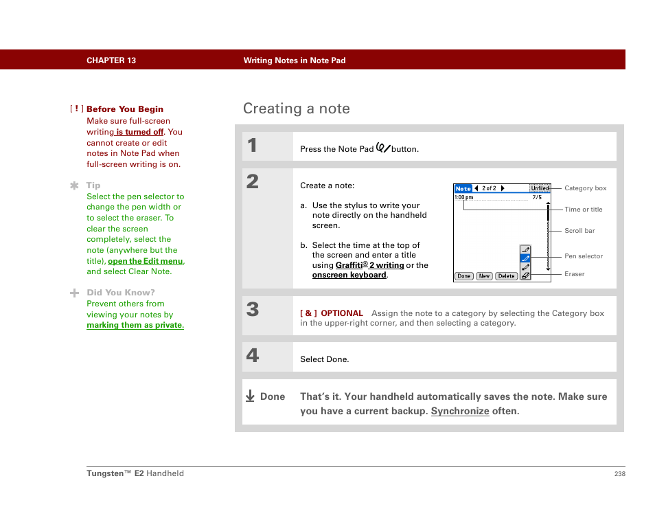 Creating a note | Palm E2 User Manual | Page 259 / 653