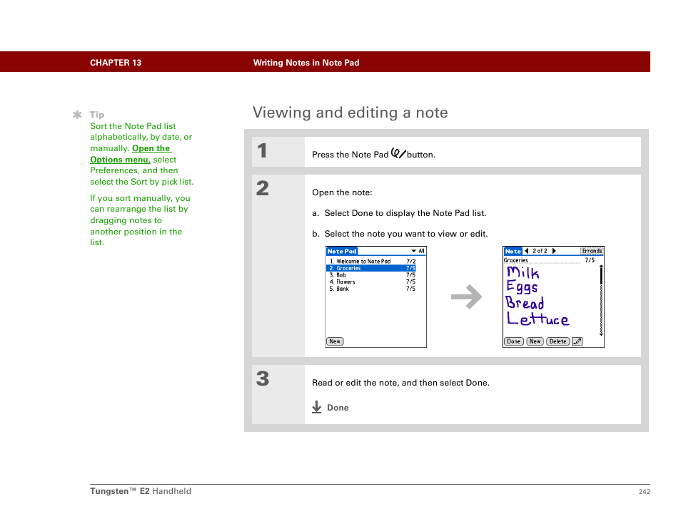 Viewing and editing a note | Palm E2 User Manual | Page 263 / 653