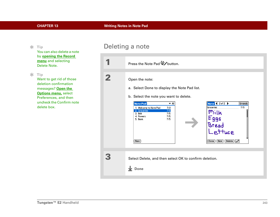 Deleting a note | Palm E2 User Manual | Page 264 / 653