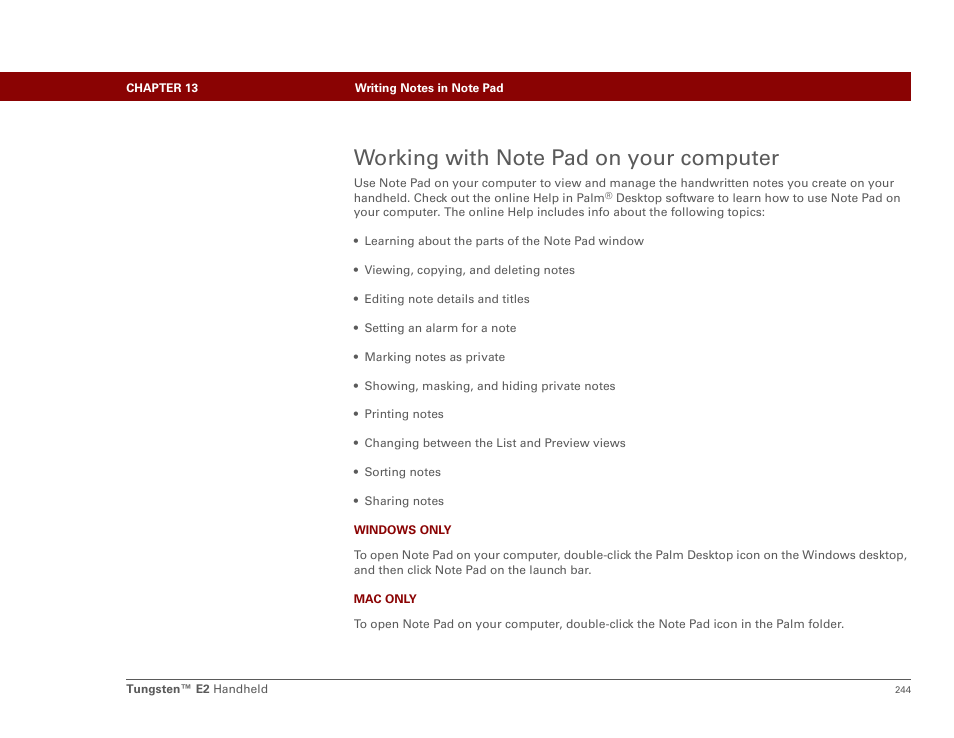 Working with note pad on your computer | Palm E2 User Manual | Page 265 / 653