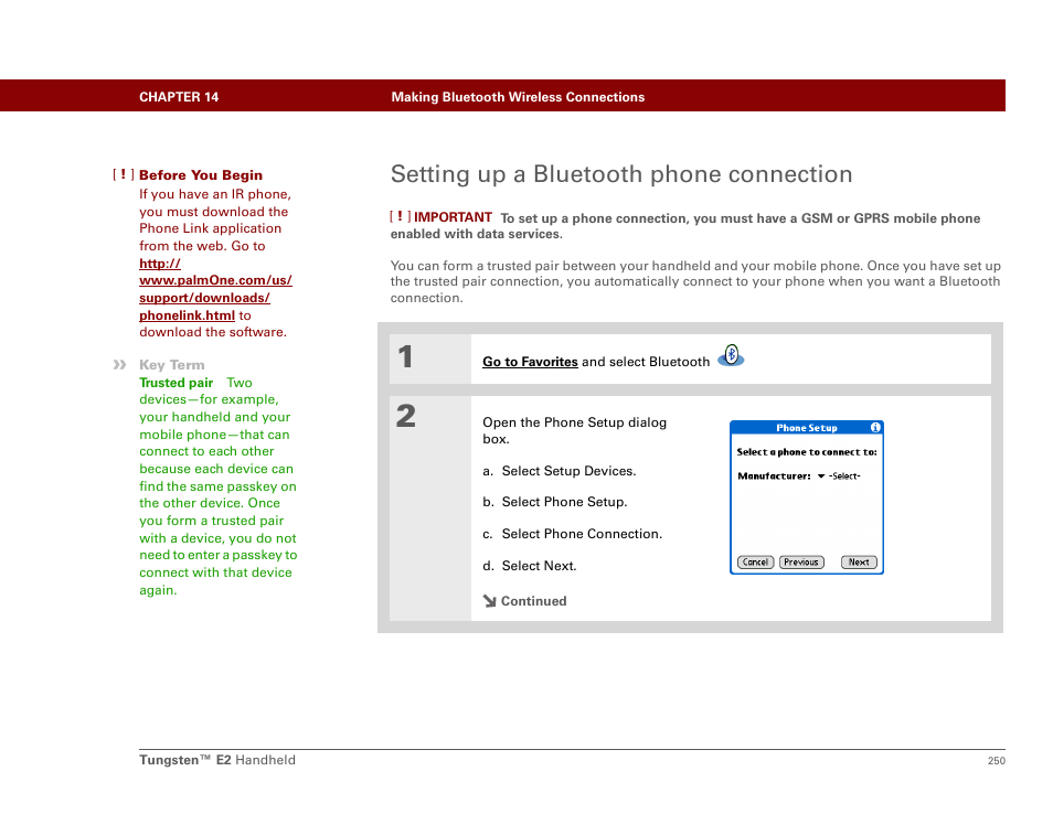 Setting up a bluetooth phone connection, Phone link updater, With that device | Palm E2 User Manual | Page 271 / 653