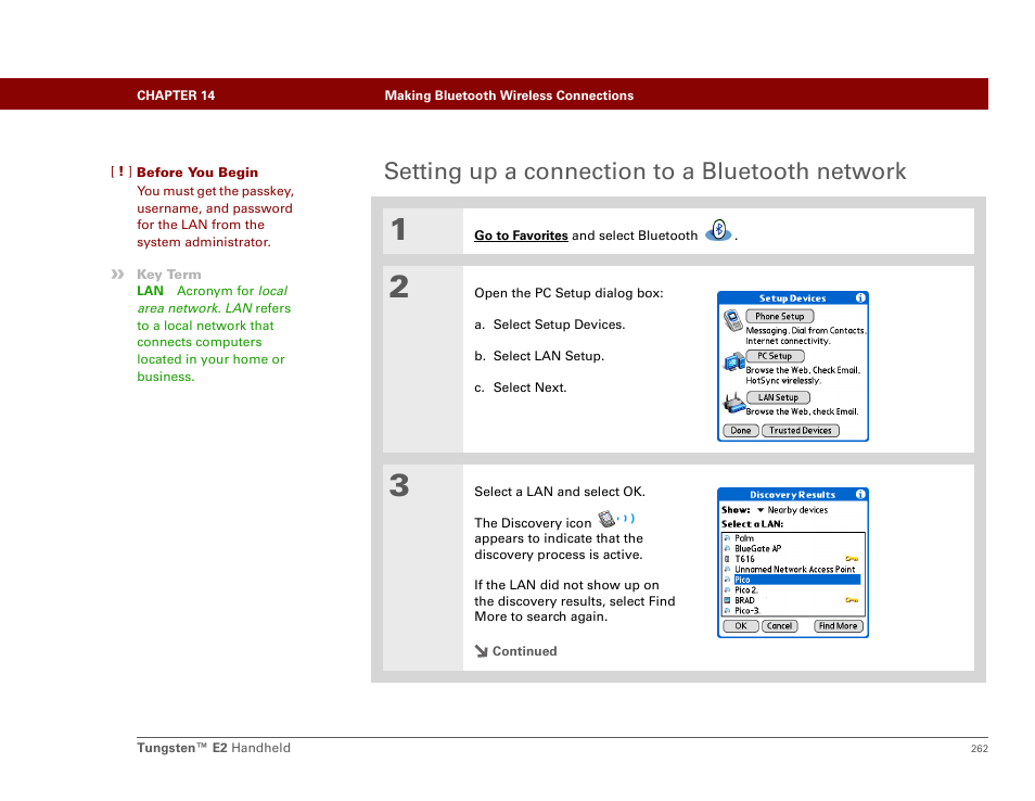 Setting up a connection to a bluetooth network | Palm E2 User Manual | Page 283 / 653