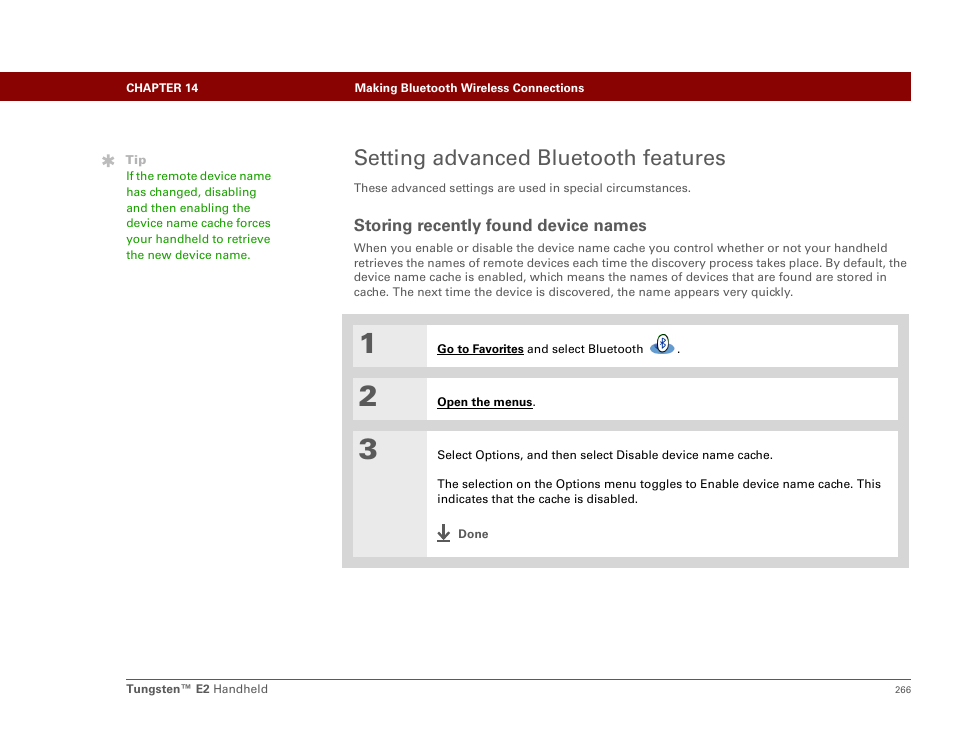 Setting advanced bluetooth features, Storing recently found device names | Palm E2 User Manual | Page 287 / 653