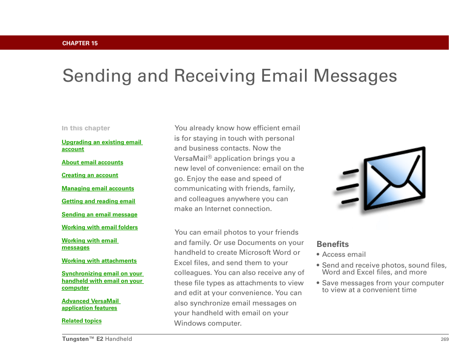 Sending and receiving email messages, Chapter 15: sending and receiving email messages, Prerequisites for the email a | Versamail, E email application, Send and receive email messages or to, Application | Palm E2 User Manual | Page 290 / 653