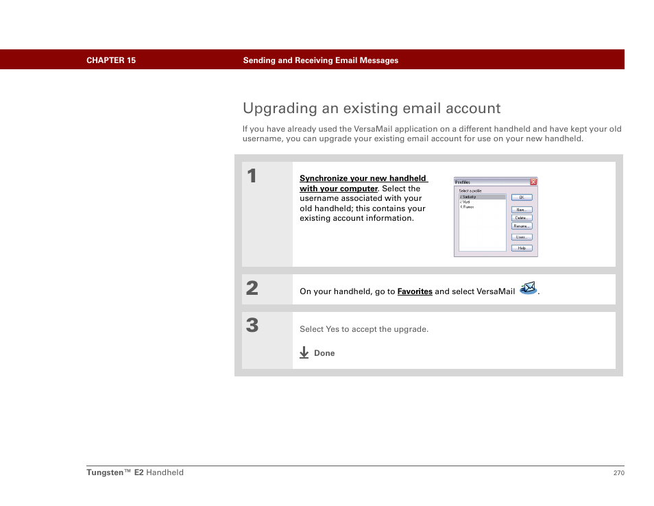 Upgrading an existing email account | Palm E2 User Manual | Page 291 / 653