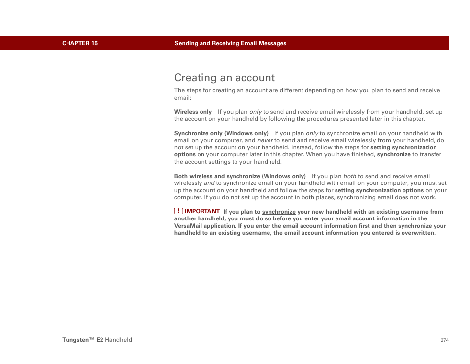Creating an account, Set up an email account, Set up an account on | Palm E2 User Manual | Page 295 / 653