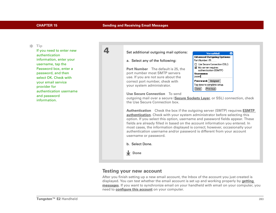 Testing your new account | Palm E2 User Manual | Page 304 / 653