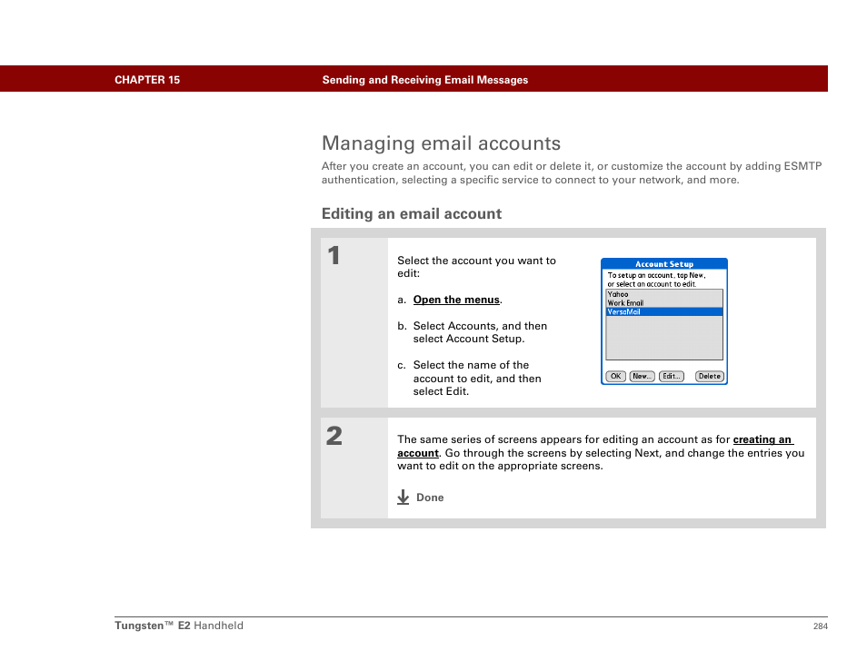 Managing email accounts, Editing an email account | Palm E2 User Manual | Page 305 / 653