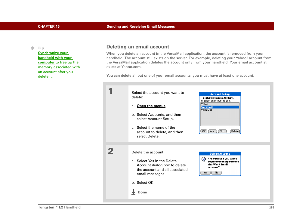 Deleting an email account | Palm E2 User Manual | Page 306 / 653