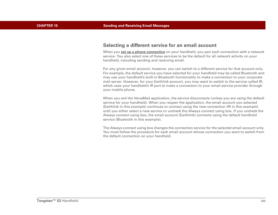 Selecting a different service for an email account | Palm E2 User Manual | Page 307 / 653