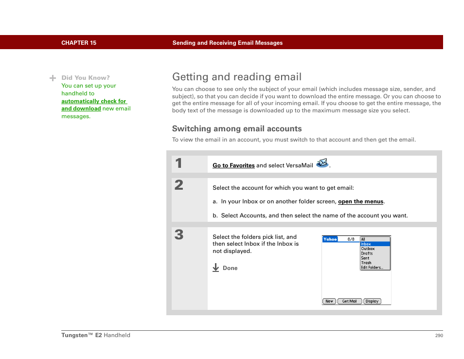 Getting and reading email, Switching among email accounts, Get and send in | Palm E2 User Manual | Page 311 / 653