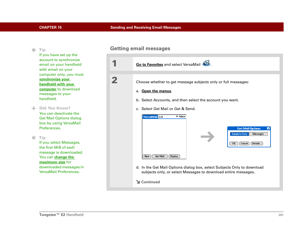 Getting email messages, By getting messages | Palm E2 User Manual | Page 312 / 653