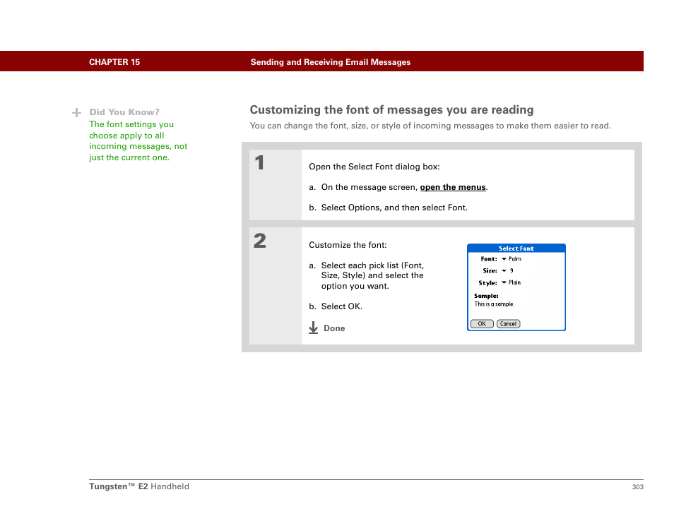 Customizing the font of messages you are reading | Palm E2 User Manual | Page 324 / 653