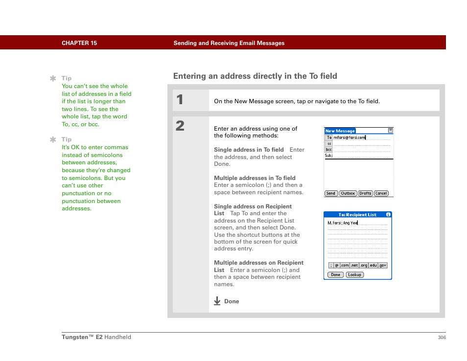 Entering an address directly in the to field, Entering it directly | Palm E2 User Manual | Page 327 / 653