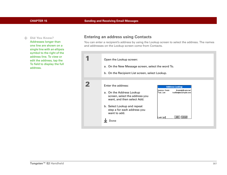 Entering an address using contacts, Entering it from contacts | Palm E2 User Manual | Page 328 / 653