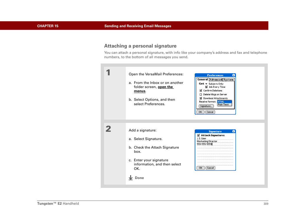 Attaching a personal signature | Palm E2 User Manual | Page 330 / 653