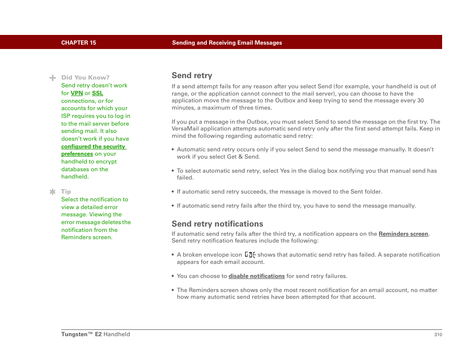 Send retry, Send retry notifications, Send retry send retry notifications | Automatically try resending an | Palm E2 User Manual | Page 331 / 653