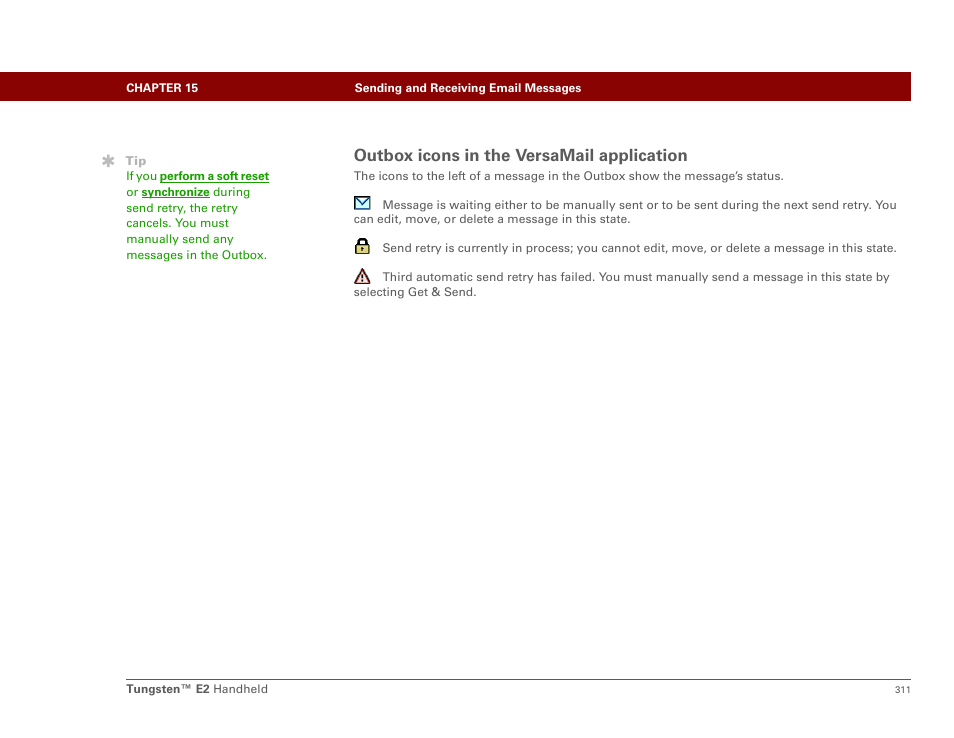 Outbox icons in the versamail application | Palm E2 User Manual | Page 332 / 653
