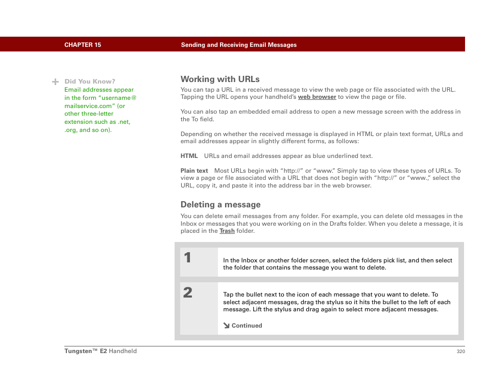 Deleting a message, Working with urls | Palm E2 User Manual | Page 341 / 653